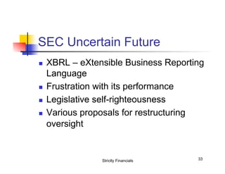 SEC Uncertain Future
n 

n 
n 
n 

XBRL – eXtensible Business Reporting
Language
Frustration with its performance
Legislative self-righteousness
Various proposals for restructuring
oversight

Strictly Financials

33

 