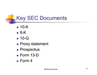 Key SEC Documents
n 
n 
n 
n 
n 
n 
n 

10-K
8-K
10-Q
Proxy statement
Prospectus
Form 13-D
Form 4
Strictly Financials

9

 