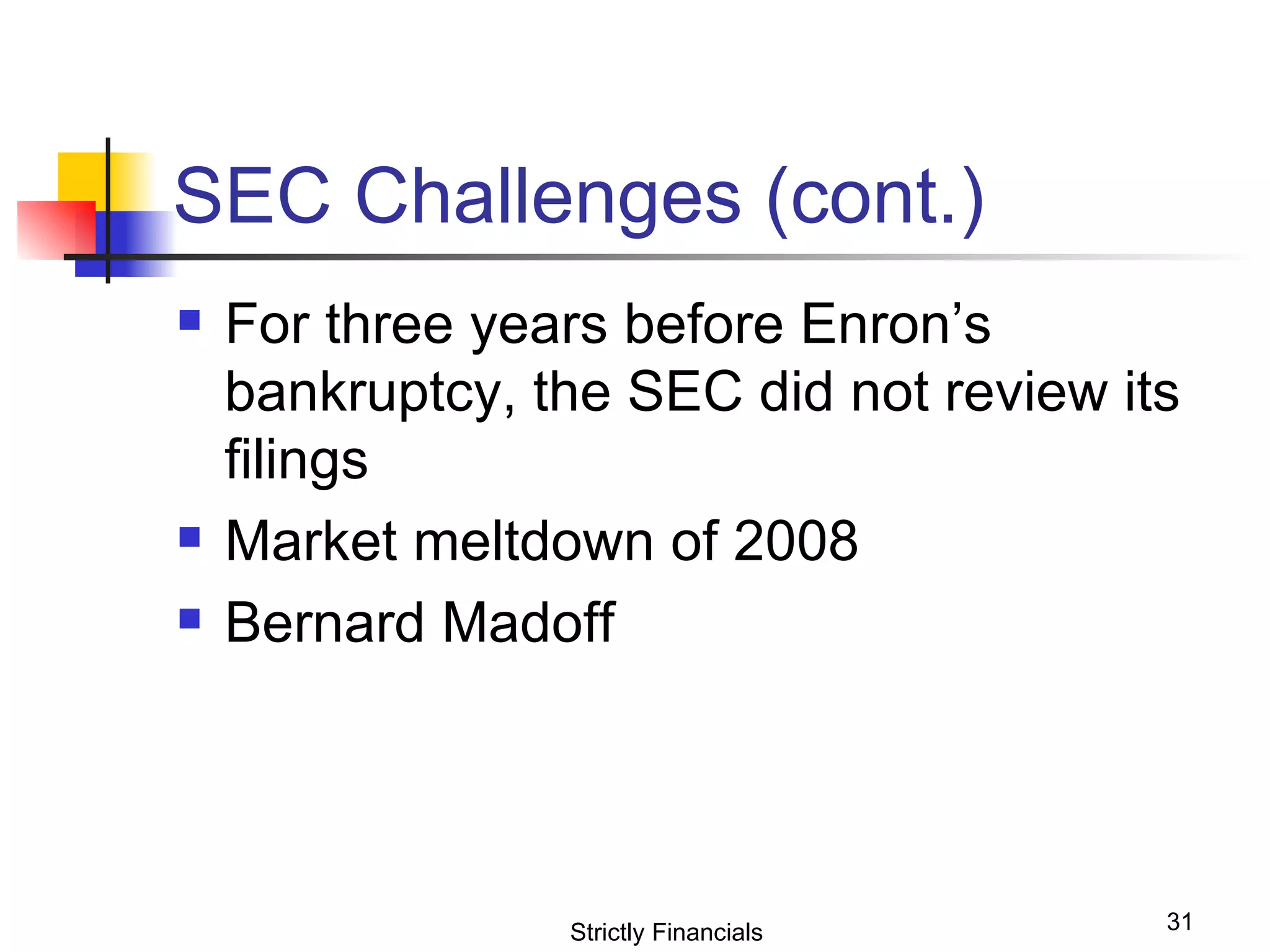 SEC Challenges (cont.) For three years before Enron’s bankruptcy, the SEC did not review its filings Market meltdown of 2008 Bernard Madoff Strictly Financials 