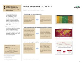 From the SALES EXECUTIVE COUNCIL®
of the SALES, MARKETING,
AND COMMUNICATIONS PRACTICE
www.sec.executiveboard.com
© 2012 The Corporate Executive Board Company.
All Rights Reserved. SEC2936212SYN
30
MORE THAN MEETS THE EYE
Case in Point: Underestimated Problem
Cargill magniﬁes an
existing problem that
customer’s haven’t fully
appreciated.
■ The company teaches
farmers who continue
to market their grains
independently the numerous
factors that contribute to
market volatility making it
harder for them to interpret
and action information on
their own.
■ Cargill’s solution allows
farmers to tap into its global
resources and expertise
to stay on top of market
information and consistently
sell grain at peak prices even
in a volatile market.
Source: Cargill; Sales Executive Council research.
COMPANY SNAPSHOT
Cargill, Inc.
Industry: Diversiﬁed Products
and Services
2011 Sales (USD): $119,469M
Employees: 138,000
Acknowledge the customer problem:
Marketing grain used
to be so much simpler,
only a few factors
affected pricing.
Once grain prices
marginally varied, now
pricing volatility is the
norm.
Teach customers how they’ve underestimated the problem:
Today market factors
are too numerous to
count: global food
demand, geopolitical
issues, debt crisis,
energy, etc.
And every market
factor is increasingly
complex, inﬂuenced by
a seemingly endless
number of dynamics.
Present a new way forward, that only Cargill can offer:
The customer needs
deep expertise and
understanding of
global markets and
crop conditions.
Only Cargill has this
such a broad, and
deep, understanding
of market inﬂuences
to help farmers market
grain.
PAGE 4 ProPricing Contracts PAGE 5CargillProPricing.com
But Today? Market Factors Are Almost Too Numerous to Count.
10 Year Futures Average
$2.30
$2.80
$3.30
January February March April May June July August September October November December
AverageFuturesPrice
12 Months
MARKET UNCERTAINTY
Producer planting intentions
South American crop size
Global demand
PLANTING
Planted acres
Planting progress
Planting conditions
Weather (moisture & temps)
Crop emergence
GROWING SEASON
Weather (moisture & temps)
Pollination
Crop disease(s)
HARVEST
Yield
Grain condition (moisture, test weight, etc.)
South American planting intentions & progress
10-Year Average of Dec Corn Futures - Daily Market Close 1999-2009
$5.30
$5.80
$6.30
January February March April May June July August September October November December
AverageFuturesPrice
12 Months
PRIME TIME AVERAGING PERIOD
$4.80
Your ﬁnal price is equal to the average of the daily close during the Prime Time Pricing Period.
 