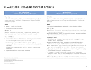 From the SALES EXECUTIVE COUNCIL®
of the SALES, MARKETING, AND COMMUNICATIONS PRACTICE
www.sec.executiveboard.com
© 2012 The Corporate Executive Board Company.
All Rights Reserved. SEC2936212SYN
33
CHALLENGER MESSAGING SUPPORT OPTIONS
SEC Membership:
An Introduction to Challenger Messaging
SEC Solutions:
Challenger Messaging Engagement
What It Is
A day-long workshop (included in your membership) arming your team
to take initial steps in developing an organizational capability to build
commercial insights
When
■ Session 1: 17 July 2012, Chicago
■ Future sessions to be announced
Who It Is For
Members companies may send up to a total of three attendees from
Sales Leadership, Sales Enablement, Marketing, and/or Product
What It Will Cover
■ An exploration of unique differentiators—what they are, and what they
aren’t using real examples to ground the teaching
■ An exploration of reframing techniques for various insights
■ Frameworks for determining company-level, segment-level, and solution-
level insights
■ Message tailoring approaches for different segments and functional
stakeholders
■ Interactively improving existing sales messaging
What It Is
Expert support to create an insight-led message for a selected product or
segment, and tools that improve your team’s understanding of Challenger
Messages
When
Four-month engagement with workshops at your company location
Who It Is For
■ Commercial organizations who need to equip their sales team with insight
that helps them differentiate
■ Sales and Marketing leaders and their teams (Product Managers and Sales
Operations are common participants)
What It Will Cover
■ Build Challenger Messages—Equip your team with messages for a key
product, service, or segment.
■ Teach Your Team how to Build Messages—Enhance the organization’s
ability to source insights and develop messages for your customers.
■ Gain CEB Insight on Your Customers—Capture the most pressing needs of
your customers using CEB consumer data and best practice research.
■ Deploy Structured Pre-Work and Interviews—Information gathering led by
Solutions team to prepare for the Workshop
■ Participate in Messaging Workshop—Two-day session for sales and
marketing leaders, reps, and product managers to collaborate on message
creation
■ Receive the Message Guide and Toolkit—For participants’ future reference
Source: Sales Executive Council research.
 