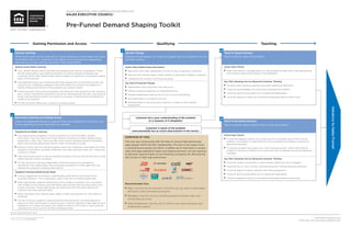 © 2012 The Corporate Executive Board Company.
All Rights Reserved. SEC2936212SYN
Client Site: www.sec.executiveboard.com
www.executiveboard.com
SALES, MARKETING, AND COMMUNICATIONS PRACTICE
SALES EXECUTIVE COUNCIL®
Pre-Funnel Demand Shaping Toolkit
Gaining Permission and Access Qualifying Teaching
General Listening
While direct leads can be surfaced by simply listening in social media, the more
immediate intent is to understand the nature of the conversation happening,
allowing you to best position yourself in that conversation.
General Social Media Listening
■ Join LinkedIn groups where customers and prospects are having conversations. These
are not groups about your products/solutions, but about business challenges your
customers tend to face. Read at least weekly updates on signiﬁcant conversations taking
place in those groups.
■ Leverage technology your marketing team likely already has—social listening tools. Ask
a favor of your marketing colleagues: have them search for social activity based on a
handful of keywords relevant to the problems your solution solves.
■ Involve yourself in the social conversation, providing your own perspective and “giving to
give.” Overtly commercial involvement will not be welcomed and may harm your personal
brand. Gaining inﬂuence within the network is a product of earning trust and delivering
insight to the network.
■ For Key Accounts, follow your customer’s company group.
Identify Change
Change should happen, or is likely to happen (but the customer has not
yet taken action).
Action Step (Gather Deep Information)
■ Brainstorm with other salespeople to think of ways to approach customers
■ Network with internal subject matter experts to learn about different customers
■ Understand the concerns of the buying group
Key Tells of Potential Change
■ Stakeholders show discontent with status quo
■ General customer awareness of underperformance
■ Multiple stakeholders seeking advice (live or social networking)
■ Key stakeholder or consultant turnover
■ Renewal decision upcoming (and customer is unlikely to have started
assessment)
OVERVIEW OF TOOL
This tool was constructed with the help of various high-performing
sales people within the SEC membership. This tool is not meant to be
a comprehensive guide, but rather, a helpful set of reminders to ensure
sales and sales operations teams are shaping demand, not just reacting
to demand. Special thanks to the following companies for allowing the
SEC access to their high-performers.
®
Recommended Uses
■ Reps: Use the tool as reminder of actions you can take to help shape
demand in new and existing accounts
■ Managers: Use the tool as a coaching guide to sharpen reps’ pre-
funnel sales activities
■ Sales Enablement: Use the tool to inform your sales processes and
enablement support
Teach to Shape Demand
Teach customer about the problem.
Action Step (Teach)
■ Select and deliver a message about an unanticipated problem that is fast approaching
and will have a detrimental impact if not addressed.
Key Tells Indicating You’ve Inﬂuenced Customer Thinking
■ Customer asks clarifying questions and seeks additional information
■ Customer acknowledges that they have overlooked the problem
■ Customer grants access/refers you to additional stakeholders
■ Customer agrees to follow-up conversation/expresses desire to learn more
1 4a
Teach to Re-Shape Demand
Teach customer about a better way to solve the problem.
Action Step (Teach)
■ If customer appears content with current solution to problem, teach them that the
problem is far greater in magnitude than they’ve realized, and therefore warrants an
alternative approach.
■ If customer accepts the problem as a “cost of doing business,” teach them that the
problem is driven by a different root cause than they’ve realized, and can be effectively
managed.
Key Tells Indicating You’ve Inﬂuenced Customer Thinking
■ Customer initially pushes back or shows healthy skepticism, but is engaged
■ Customer has an “aha” moment, demonstrating their thinking has been reframed
■ Customer begins to openly question their existing approach
■ Customer grants access/refers you to additional stakeholders
■ Customer agrees to follow-up conversation/expresses desire to learn more
4b
3
Narrowing Listening and Gaining Access
Listen in a deliberate fashion to opportunities with potential to move into your
funnel, gleaning as much information as possible.
Targeted Social Media Listening
■ Your opportunities engaging in social conversation can provide highly valuable
information. They may reach out to their network for advice, or signal change may be
happening in other ways. They may offer others advice, revealing valuable information
about their business approaches. Monitor these conversations closely.
■ Directly connect with any and all prospects and known inﬂuencers associated with those
prospects (consultants, purchase inﬂuencers, end-users, technical users, etc.). Follow key
contacts in Twitter.
■ Offer advice and a point of view to potential prospects who are actively learning in social
media channels. Follow up directly.
■ For Key Accounts, track key stakeholders’ networks scanning for competitive
connections, new relationships with purchasing consultants, or other signs that may
indicate the customer is seeking other options.
Targeted Listening Outside Social Media
■ Conduct aggressive loss analysis, understanding what factors contributed to the
customer’s decision. This is particularly useful in service or contract-based sales.
■ When appropriate, establish relationships with purchase consultants. Arm consultants
with insights on the industry and information that will help them provide value to your
shared customers. These relationships can yield important information about your
customer and other potential leads.
■ Glean information from internal peers (sales or other) and partners for information on
prospects.
■ For Key Accounts, establish a regular business planning session, bringing operations
teams and other internal teams supporting your customer together to gain deep account
intelligence. Arm these ops teams with insights to teach to end-users or other potential
inﬂuencers for whom you do not have immediate access.
2
AdvancetoSalesFunnel
Customer has a poor understanding of the problem
or is unaware of it altogether.
Customer is aware of the problem
(and potentially has an action plan/solution in the works).
Source: Sales Executive Council.
 