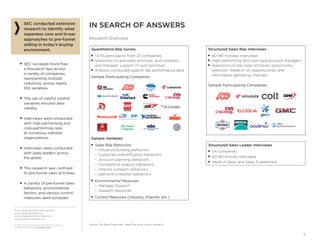 From the SALES EXECUTIVE COUNCIL®
of the SALES, MARKETING,
AND COMMUNICATIONS PRACTICE
www.sec.executiveboard.com
© 2012 The Corporate Executive Board Company.
All Rights Reserved. SEC2936212SYN
5
IN SEARCH OF ANSWERS
Research Overview
SEC conducted extensive
research to identify what
separates core and hi-per
approaches to pre-funnel
selling in today’s buying
environment.
■ SEC surveyed more than
a thousand reps across
a variety of companies,
representing multiple
industries, across nearly
100 variables.
■ The use of careful control
variables ensured data
validity.
■ Interviews were conducted
with high-performing and
core-performing reps
at numerous member
organizations.
■ Interviews were conducted
with sales leaders across
the globe.
■ This research was conﬁned
to pre-funnel sales activities.
■ A variety of pre-funnel sales
behaviors, environmental
factors, and various control
measures were surveyed.
Quantitative Rep Survey
■ 1,078 participants from 23 companies
■ Questions on pre-sales activities, and company
and manager support of such activities
■ Analysis conducted against rep performance data
Sample Participating Companies
Sample Variables
■ Sales Rep Behaviors
– Inﬂuence-building behaviors
– Customer-indentiﬁcation behaviors
– Account-planning behaviors
– Competitive analysis behaviors
– Internal-outreach behaviors
– Demand-orietation behaviors
■ Environmental Measures
– Manager Support
– Support resources
■ Control Measures (industry, channel, etc.)
Structured Sales Rep Interviews
■ 60–90 minutes interviews
■ High-performing and core reps/account managers
■ Questions on pre-sales activities, opportunity
selection, research on opportunities, and
information gathering channels
Sample Participating Companies
®
Structured Sales Leader Interviews
■ 54 companies
■ 60–90 minute interviews
■ Head of Sales and Sales Enablement
Source: Pre-Sales Diagnostic; Sales Executive Council research.
 