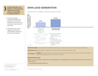 From the SALES EXECUTIVE COUNCIL®
of the SALES, MARKETING,
AND COMMUNICATIONS PRACTICE
www.sec.executiveboard.com
© 2012 The Corporate Executive Board Company.
All Rights Reserved. SEC2936212SYN
7
OWN LEAD GENERATION
Improvement in Probability of Being a High Performer
Hi-pers build their own
pipeline—self-generating
leads and not overly
relying on Marketing
for lead generation.
■ Interviews showed
considerable differences
between core and high-
performers within the same
companies regarding lead
generation.
■ High performers devote
signiﬁcant attention to
independently developing
their business pipeline.
10.00%
6.20%
ChangeinProbabilityGoing
from25thPercentileto75th
PercentilePerformer
Personally Owns
Lead Generation
Conducts Non-
Traditional
Customer Due
Diligence
What this entails: Lead generation and pipeline cultivation is viewed as an important individual responsibility.
What this is not: Depending on traditional marketing efforts and the company for leads.
Example: Eloqua encourages salespeople to maintain a strong social and event networking presence,
positioning salespeople as key industry inﬂuencers.
Representative Quote:
“Most of my peers wait for leads—they see lead generation as Marketing’s job. Then they wonder why they’ve got no
one to sell to.”
Star Performer, Business Services
■ I devote considerable
personal time to
ﬁnding and nurturing
leads
■ Working with
Marketing falls within
my core responsibilities
■ I always customize
collateral to ensure
relevance
■ Brainstorm with others to
think of ways to approach
customers
■ Network with internal
subject matter experts
to learn about different
customers
■ Understand the concerns
of the buying group
®
Source: Sales Executive Council research.
n = 1,078.
 