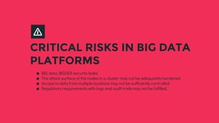 CRITICAL RISKS IN BIG DATA
PLATFORMS
∎ BIG data, BIGGER security leaks
∎ The attack surface of the nodes in a cluster may not be adequately hardened
∎ Access to data from multiple locations may not be sufficiently controlled
∎ Regulatory requirements with logs and audit trails may not be fulfilled,
 