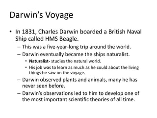 Darwin’s Voyage
• In 1831, Charles Darwin boarded a British Naval
Ship called HMS Beagle.
– This was a five-year-long trip around the world.
– Darwin eventually became the ships naturalist.
• Naturalist- studies the natural world.
• His job was to learn as much as he could about the living
things he saw on the voyage.
– Darwin observed plants and animals, many he has
never seen before.
– Darwin’s observations led to him to develop one of
the most important scientific theories of all time.
 