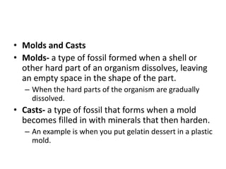 • Molds and Casts
• Molds- a type of fossil formed when a shell or
other hard part of an organism dissolves, leaving
an empty space in the shape of the part.
– When the hard parts of the organism are gradually
dissolved.
• Casts- a type of fossil that forms when a mold
becomes filled in with minerals that then harden.
– An example is when you put gelatin dessert in a plastic
mold.
 