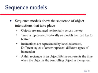Sequence models Sequence models show the sequence of object interactions that take place Objects are arranged horizontally across the top Time is represented vertically so models are read top to bottom Interactions are represented by labelled arrows, Different styles of arrow represent different types of interaction A thin rectangle in an object lifeline represents the time when the object is the controlling object in the system 