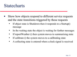 Statecharts Show how objects respond to different service requests and the state transitions triggered by these requests If object state is Shutdown then it responds to a Startup() message In the waiting state the object is waiting for further messages If reportWeather () then system moves to summarising state If calibrate () the system moves to a calibrating state A collecting state is entered when a clock signal is received 