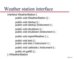 Weather station interface interface WeatherStation { public void WeatherStation () ; public void startup () ; public void startup (Instrument i) ; public void shutdown () ; public void shutdown (Instrument i) ; public void reportWeather ( ) ; public void test () ; public void test ( Instrument i ) ; public void calibrate ( Instrument i) ; public int getID () ; } //WeatherStation 