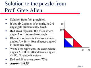 Solution to the puzzle from Prof. Greg Allen Solution from first principles. If you fix 2 angles of triangle, its 3rd angle gets automatically fixed. Red areas represent the cases where angle A or B is an obtuse angle. Blue area represents the cases where angles A + B <= 90 and hence angle C is an obtuse angle.  White area represents the cases where angles A + B => 90 and hence angle C <= 90. No angle is obtuse. Red and Blue areas cover 75% Answer is 0.75. B 180 180 A 