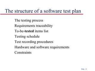 Slide 12
The structure of a software test plan
The testing process
Requirements traceability
To-be-tested items list
Testing schedule
Test recording procedures
Hardware and software requirements
Constraints
 