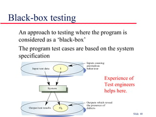 Slide 40
Black-box testing
An approach to testing where the program is
considered as a ‘black-box’
The program test cases are based on the system
specification
I
e
Input test data
OeOutput test results
System
Inputs causing
anomalous
behaviour
Outputs which reveal
the presence of
defects
Experience of
Test engineers
helps here.
 