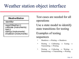 Slide 69
Weather station object interface
Test cases are needed for all
operations
Use a state model to identify
state transitions for testing
Examples of testing
sequences
• Shutdown → Waiting → Shutdown
• Waiting → Calibrating → Testing →
Transmitting → Waiting
• Waiting → Collecting → Waiting →
Summarising → Transmitting → Waiting
identifier
reportWeather ()
calibrate (instruments)
test ()
startup (instruments)
shutdown (instruments)
WeatherStation
 