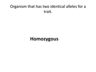 Organism that has two identical alleles for a
trait.
Homozygous
 
