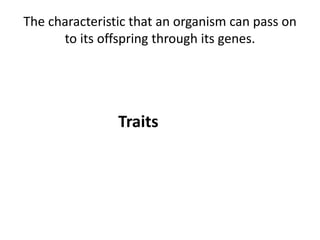 The characteristic that an organism can pass on
to its offspring through its genes.
Traits
 