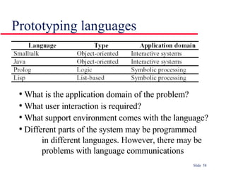 Prototyping languages What is the application domain of the problem? What user interaction is required? What support environment comes with the language? Different parts of the system may be programmed  in different languages. However, there may be  problems with language communications 