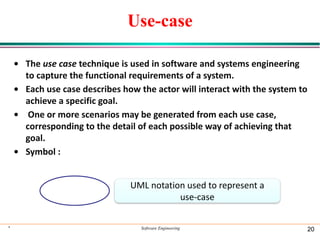 Use-case
• The use case technique is used in software and systems engineering
to capture the functional requirements of a system.
• Each use case describes how the actor will interact with the system to
achieve a specific goal.
• One or more scenarios may be generated from each use case,
corresponding to the detail of each possible way of achieving that
goal.
• Symbol :
* Software Engineering 20
UML notation used to represent a
use-case
 