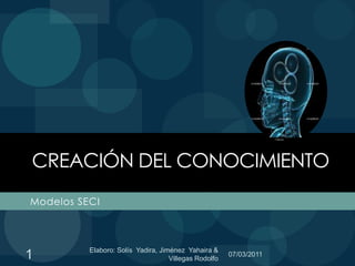 Creación del conocimiento Modelos SECI 1 Elaboro: Solís  Yadira, Jiménez  Yahaira & Villegas Rodolfo  06/03/2011 