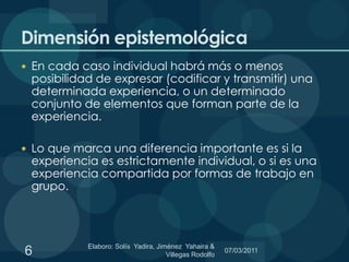 Dimensión epistemológicaEn cada caso individual habrá más o menos posibilidad de expresar (codificar y transmitir) una determinada experiencia, o un determinado conjunto de elementos que forman parte de la experiencia. Lo que marca una diferencia importante es si la experiencia es estrictamente individual, o si es una experiencia compartida por formas de trabajo en grupo. 6Elaboro: Solís  Yadira, Jiménez  Yahaira & Villegas Rodolfo 06/03/2011