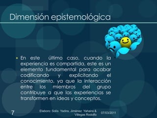 Dimensión epistemológicaEn este  último caso, cuando la experiencia es compartida, este es un elemento fundamental para acabar codificando y explicitando el conocimiento, ya que la interacción entre los miembros del grupo contribuye a que las experiencias se transformen en ideas y conceptos. 7Elaboro: Solís  Yadira, Jiménez  Yahaira & Villegas Rodolfo 06/03/2011