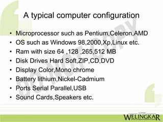 A typical computer configuration

•   Microprocessor such as Pentium,Celeron,AMD
•   OS such as Windows 98,2000,Xp,Linux etc.
•   Ram with size 64 ,128 ,265,512 MB
•   Disk Drives Hard Soft,ZIP,CD,DVD
•   Display Color,Mono chrome
•   Battery lithium,Nickel-Cadmium
•   Ports Serial Parallel,USB
•   Sound Cards,Speakers etc.
 