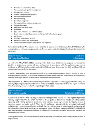 32
• Provision of aeronautical data
• Aeronautical data quality management
• Management system
• Change management procedures
• Personnel requirements
• Record-keeping
• Security management
• Aeronautical information management
• Tools and software
• Validation and verification
• Metadata
• Data error detection and authentication
• Safety assessment and assurance of changes to the functional system
• Verification
• Pre-flight information services
• Aeronautical data and information
• Technical and operational competence and capability
Compromising internal ATM systems have a potential to cause serious safety issues. Remote ATC towers, for
example, depend entirely on adequate data transfer and system protection to operate safely and ensure service
continuity.
Security measure
#2 Protection of facilities
Safety area
Infrastructure
As outlined in ATM/ANS.OR.B.025 a service provider shall ensure that there are adequate and appropriate
facilities to perform and manage all tasks and activities in accordance with the applicable requirements.
Guidance for ATM physical security is outlined in ICAO restricted documents, Doc 9985 and Doc 8973 and
represents recommended best practice.
ATM/ANS organisations must protect internal infrastructure and systems against security threats. As such, at
the high level it contributes to aviation security and ultimately safety. Adequate infrastructure security protects
not only employees but also aviation critical assets and stored information.
The compromise of ATM infrastructure security would have a potential to seriously jeopardise the safety and
security of passengers and staff. ATS facilities can be located both inside and outside of the airport perimeter,
therefore security measures will differ depending on the location.
Security measure
#3 Personnel security
Safety area
Recruitment and training
ICAO Doc 8973 and Doc 9985 provide guidance relevant to personnel security and a description of personnel
security programmes that the ATSP may follow. These guidance documents include risk categorisation,
screening and vetting, personnel termination and transfer, access agreements, third-party personnel,
sanctions, support and visitor control. Where the ATS facilities are located inside the airport perimeter, staff
will also require an airport identification card (AIC) therefore relevant security processes and requirements will
be followed to mitigate what is widely referred to as the insider risk. Safety regulation ATM/ANS.OR.B.020 also
describes personnel requirements, however it is focused on the requirements for accountable manager and
nominated post holders.
Although both safety and security domains refer to personnel requirements, they cover different aspects of
requirements.
 