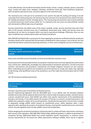 37
In the safety domain, the aerodrome boundary should include, at least, runways, taxiways, aprons, associated
strips, runway end safety areas, stopways, clearways, aerodrome visual aids, fixed aerodrome equipment,
other aerodrome operational areas, and areas adjacent to the movement area.
The movement area is that part of an aerodrome to be used for the take-off, landing and taxiing of aircraft
consisting of the manoeuvring area, the manoeuvring area is the part of an aerodrome to be used for the take-
off, landing and taxiing of aircraft, excluding aprons. The manoeuvring and movement area must be protected
as unauthorised access could increase safety risk. It is imperative that such areas are clearly defined, marked
and maintained to differentiate areas of operation.
Security requirements also define areas of the airport: landside, airside, security restricted areas and critical
parts of the security restricted areas and, if established, demarcated areas. Safety and security areas and
boundaries do not have to correspond which may lead to operational challenges. Effectively, there are two
layers of defined areas and boundaries within the airport/ aerodrome.
GM1 ADR.OR.B.015(b)(2) offers a precaution for those applying for aerodrome certification that the aerodrome
boundary should not be confused with the boundaries established for other purposes, such as fences, the land
ownership boundaries used by local planning authorities, or those used to designate security restricted areas.
Security measure
#3 Access control and security surveillance
patrols
Safety area
Operations
Areas to be controlled consist of landside, terminal and airside (the movement area).
Security personnel and associated vehicles accessing the movement area must have appropriate authorisation
and a vehicle pass. Additionally, knowledge and understanding of aerodrome operations, aircraft turnaround
activities, safe practices and procedures, hazards/risks and related mitigation measures are also required.
When undertaking security patrols and surveillance personnel will have to comply with safety rules regarding
airside driving, entering different areas of the aerodrome, use of the radio and communication with air traffic
control.
See: #9 training and vetting requirements
Security measure
#4 Fencing
Safety area
Certification
Fencing is required as part of aerodrome certification process.
Security Implementing Regulation (EU) No 2015/1998 point 1.1.1.2 defines that the boundary between
landside and airside shall be a physical obstruction that is clearly visible to the general public, and which denies
a person unauthorised access. State NCASP may define more specific requirements of the landside/airside
boundary and fencing. In the safety domain the purpose of fencing is to prevent unauthorised persons and
wildlife that could pose a safety risk to aircraft operations. Aerodrome fencing shall be a barrier that is suitable
to adequately manage wildlife and/or prevent an unauthorised access. Safety regulation takes a wider
approach when specifying the purpose of aerodrome fencing, covering both unauthorised access and animal
control. Security regulation does not take wildlife control into consideration.
Entities designing the aerodrome boundaries and fencing need to comply with both requirements reaching to
both sources of the regulation. GM1 ADR-DSN.T.920 provides additional guidance in relation to parameters of
aerodrome fencing, additionally NCASP may contain additional specific requirements. In instances where
security requirements do not account for safety requirements relating to wildlife, there may be a negative
 