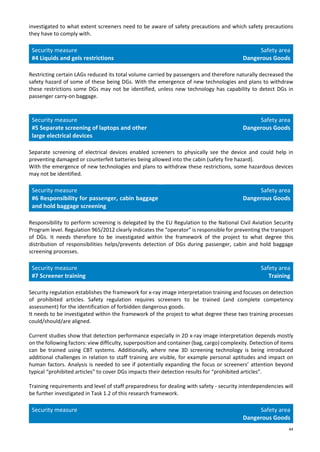 44
investigated to what extent screeners need to be aware of safety precautions and which safety precautions
they have to comply with.
Security measure
#4 Liquids and gels restrictions
Safety area
Dangerous Goods
Restricting certain LAGs reduced its total volume carried by passengers and therefore naturally decreased the
safety hazard of some of these being DGs. With the emergence of new technologies and plans to withdraw
these restrictions some DGs may not be identified, unless new technology has capability to detect DGs in
passenger carry-on baggage.
Security measure
#5 Separate screening of laptops and other
large electrical devices
Safety area
Dangerous Goods
Separate screening of electrical devices enabled screeners to physically see the device and could help in
preventing damaged or counterfeit batteries being allowed into the cabin (safety fire hazard).
With the emergence of new technologies and plans to withdraw these restrictions, some hazardous devices
may not be identified.
Security measure
#6 Responsibility for passenger, cabin baggage
and hold baggage screening
Safety area
Dangerous Goods
Responsibility to perform screening is delegated by the EU Regulation to the National Civil Aviation Security
Program level. Regulation 965/2012 clearly indicates the “operator” is responsible for preventing the transport
of DGs. It needs therefore to be investigated within the framework of the project to what degree this
distribution of responsibilities helps/prevents detection of DGs during passenger, cabin and hold baggage
screening processes.
Security measure
#7 Screener training
Safety area
Training
Security regulation establishes the framework for x-ray image interpretation training and focuses on detection
of prohibited articles. Safety regulation requires screeners to be trained (and complete competency
assessment) for the identification of forbidden dangerous goods.
It needs to be investigated within the framework of the project to what degree these two training processes
could/should/are aligned.
Current studies show that detection performance especially in 2D x-ray image interpretation depends mostly
on the following factors: view difficulty, superposition and container (bag, cargo) complexity. Detection of items
can be trained using CBT systems. Additionally, where new 3D screening technology is being introduced
additional challenges in relation to staff training are visible, for example personal aptitudes and impact on
human factors. Analysis is needed to see if potentially expanding the focus or screeners’ attention beyond
typical “prohibited articles” to cover DGs impacts their detection results for “prohibited articles”.
Training requirements and level of staff preparedness for dealing with safety - security interdependencies will
be further investigated in Task 1.2 of this research framework.
Security measure Safety area
Dangerous Goods
 