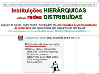 Instituições  HIERÁRQUICAS   versus  redes  DISTRIBUÍDAS http://escoladeredes.ning.com/profiles/blog/show?id=2384710%3ABlogPost%3A43129& xgs =1 Augusto de Franco: redes sociais (distribuídas) são  movimentos de desconstituição  de hierarquia   (na exata medida dos seus graus de distribuição) http://escoladeredes.ning.com/profiles/blog/show?id=2384710%3ABlogPost%3A30853&xgs=1                Augusto de Franco  criou esta rede social no  Ning .  