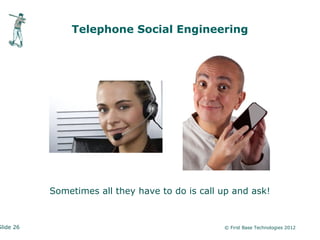 Telephone Social Engineering




           Sometimes all they have to do is call up and ask!


Slide 26                                         © First Base Technologies 2012
 