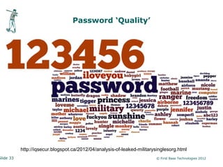 Password ‘Quality’




           http://iqsecur.blogspot.ca/2012/04/analysis-of-leaked-militarysinglesorg.html
Slide 33                                                                 © First Base Technologies 2012
 
