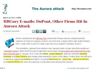 The Aurora attack         http://threatpost.com/




Slide 9                       © First Base Technologies 2012
 