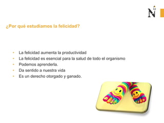 ¿Por qué estudiamos la felicidad?
• La felicidad aumenta la productividad
• La felicidad es esencial para la salud de todo el organismo
• Podemos aprenderla.
• Da sentido a nuestra vida
• Es un derecho otorgado y ganado.
 