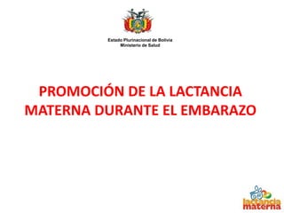 PROMOCIÓN DE LA LACTANCIA
MATERNA DURANTE EL EMBARAZO
Estado Plurinacional de Bolivia
Ministerio de Salud
 