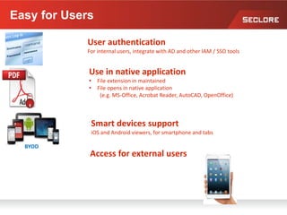 Use in native application
• File extension in maintained
• File opens in native application
(e.g. MS-Office, Acrobat Reader, AutoCAD, OpenOffice)
User authentication
For internal users, integrate with AD and other IAM / SSO tools
Smart devices support
iOS and Android viewers, for smartphone and tabs
BYOD
Easy for Users
Access for external users
 
