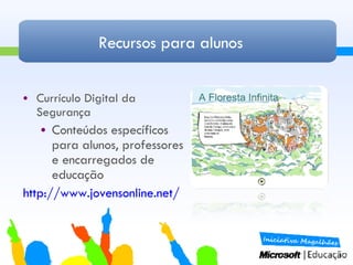 Recursos para alunos Currículo Digital da Segurança Conteúdos específicos para alunos, professores e encarregados de educação http://www.jovensonline.net/   