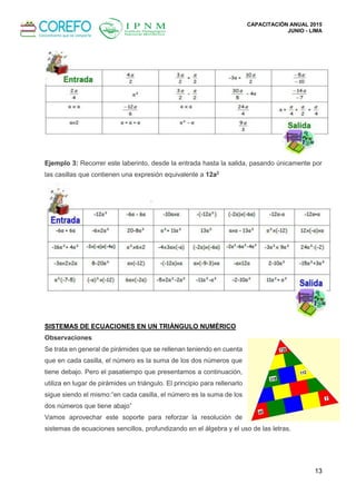 CAPACITACIÓN ANUAL 2015
JUNIO - LIMA
13
Ejemplo 3: Recorrer este laberinto, desde la entrada hasta la salida, pasando únicamente por
las casillas que contienen una expresión equivalente a 12a2
SISTEMAS DE ECUACIONES EN UN TRIÁNGULO NUMÉRICO
Observaciones
Se trata en general de pirámides que se rellenan teniendo en cuenta
que en cada casilla, el número es la suma de los dos números que
tiene debajo. Pero el pasatiempo que presentamos a continuación,
utiliza en lugar de pirámides un triángulo. El principio para rellenarlo
sigue siendo el mismo:“en cada casilla, el número es la suma de los
dos números que tiene abajo”
Vamos aprovechar este soporte para reforzar la resolución de
sistemas de ecuaciones sencillos, profundizando en el álgebra y el uso de las letras.
 