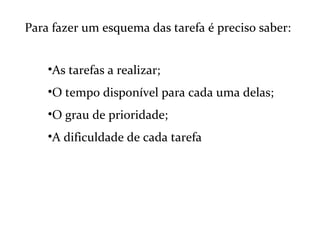 Para fazer um esquema das tarefa é preciso saber:
•As tarefas a realizar;
•O tempo disponível para cada uma delas;
•O grau de prioridade;
•A dificuldade de cada tarefa

 