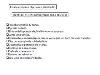 Estabelecimento objetivos e prioridades
Identifica os itens considerados como objetivos

 