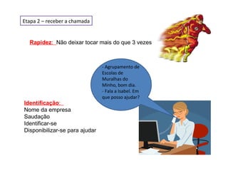 Etapa 2 – receber a chamada

Rapidez: Não deixar tocar mais do que 3 vezes

Identificação:
Nome da empresa
Saudação
Identificar-se
Disponibilizar-se para ajudar

- Agrupamento de
Escolas de
Muralhas do
Minho, bom dia.
- Fala a Isabel. Em
que posso ajudar?

 