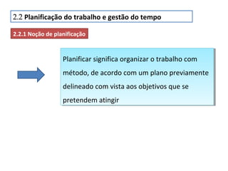 2.2 Planificação do trabalho e gestão do tempo
2.2.1 Noção de planificação

Planificar significa organizar o trabalho com
Planificar significa organizar o trabalho com
método, de acordo com um plano previamente
método, de acordo com um plano previamente
delineado com vista aos objetivos que se
delineado com vista aos objetivos que se
pretendem atingir
pretendem atingir

 
