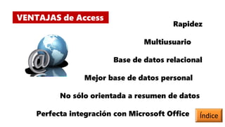VENTAJAS de Access
Mejor base de datos personal
Base de datos relacional
No sólo orientada a resumen de datos
Rapidez
Multiusuario
Perfecta integración con Microsoft Office Índice
 