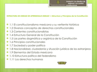 7
ESTRUCTURA DE UNIDAD DE APRENDIZAJE UNIDAD 1. Estructura y Principios de la Constitución
 1.1 El constitucionalismo mexicano y su vertiente histórica
 1.2 Diversos conceptos de derechos constitucionales
 1.3 Corrientes constitucionalistas
 1.4 Estructura General de la Constitución
 1.5 Las partes dogmática y orgánica de la Constitución
 1.6 Principios constitucionales
 1.7 Sociedad y poder político
 1.8 Nacionalidad, ciudadanía y situación jurídica de los extranjeros
 1.9 Elementos del Estado mexicano
 1.10 Estructura política del federalismo
 1.11 Los derechos humanos
Unidad 4. Los Medios de
defensa y el control
constitucional.
 