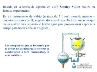 Basado en la teoría de Oparin, en 1953 Stanley Miller realizo su
famoso experimento.
En un instrumento de vidrio (matraz de 5 litros) mezcló: metano –
amoniaco y gases de H; se generaba una chispa eléctrica, mientras que
en un matraz más pequeño se hervía agua para proporcionar vapor a la
chispa para hacer circular los gases .
Aparecieron
moléculas orgánicas
al cabo de unos días
Los compuestos que se formaron por
la acción de las descargas eléctricas se
condensaban o bien recirculaban, si
eran volátiles .
 