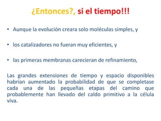 ¿Entonces?, si el tiempo!!!
• Aunque la evolución creara solo moléculas simples, y
• los catalizadores no fueran muy eficientes, y
• las primeras membranas carecieran de refinamiento,
Las grandes extensiones de tiempo y espacio disponibles
habrían aumentado la probabilidad de que se completase
cada una de las pequeñas etapas del camino que
probablemente han llevado del caldo primitivo a la célula
viva.
 