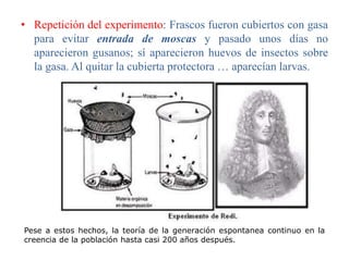 • Repetición del experimento: Frascos fueron cubiertos con gasa
para evitar entrada de moscas y pasado unos días no
aparecieron gusanos; sí aparecieron huevos de insectos sobre
la gasa. Al quitar la cubierta protectora … aparecían larvas.
Pese a estos hechos, la teoría de la generación espontanea continuo en la
creencia de la población hasta casi 200 años después.
 