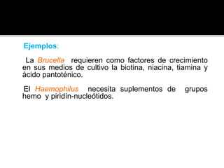 Ejemplos:
La Brucella requieren como factores de crecimiento
en sus medios de cultivo la biotina, niacina, tiamina y
ácido pantoténico.
El Haemophilus necesita suplementos de grupos
hemo y piridín-nucleótidos.
 