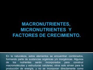 En la naturaleza, estos elementos se encuentran combinados,
formando parte de sustancias orgánicas y/o inorgánicas. Algunos
de los nutrientes serán incorporados para construir
macromoléculas y estructuras celulares; otros solo sirven para la
producción de energía, y no se incorporan directamente como
 