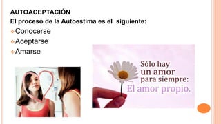 AUTOACEPTACIÓN
El proceso de la Autoestima es el siguiente:
Conocerse
Aceptarse
Amarse
 
